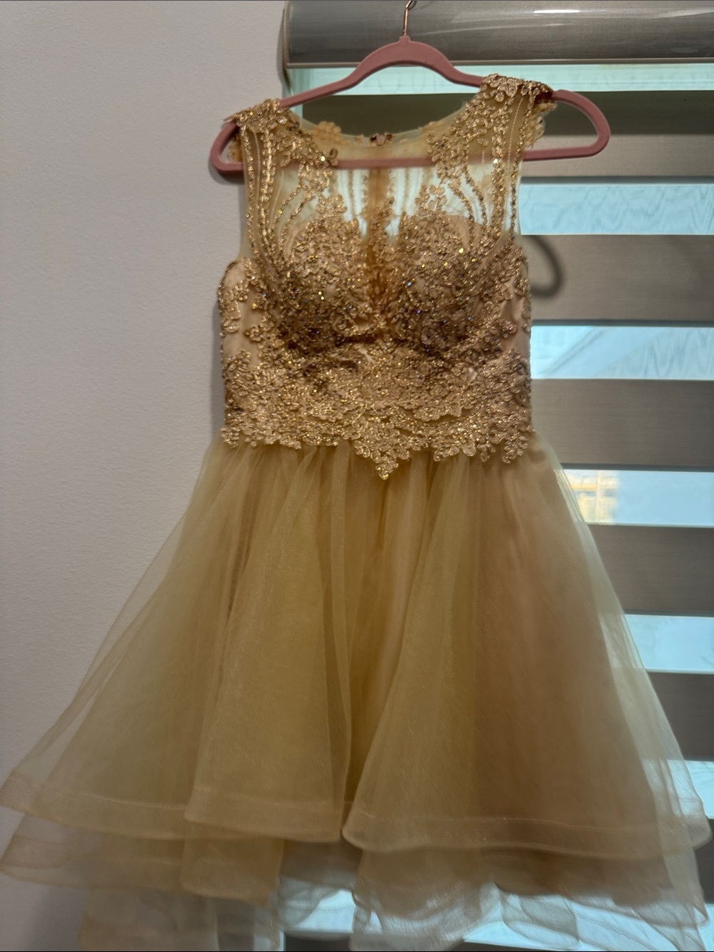 Gold Embellished Tulle Prom Dress for Women